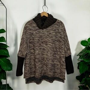 RYU Cowl Neck Dolman Batwing Sleeve Metallic Weave Brown & Tan Boho Knit Sweater